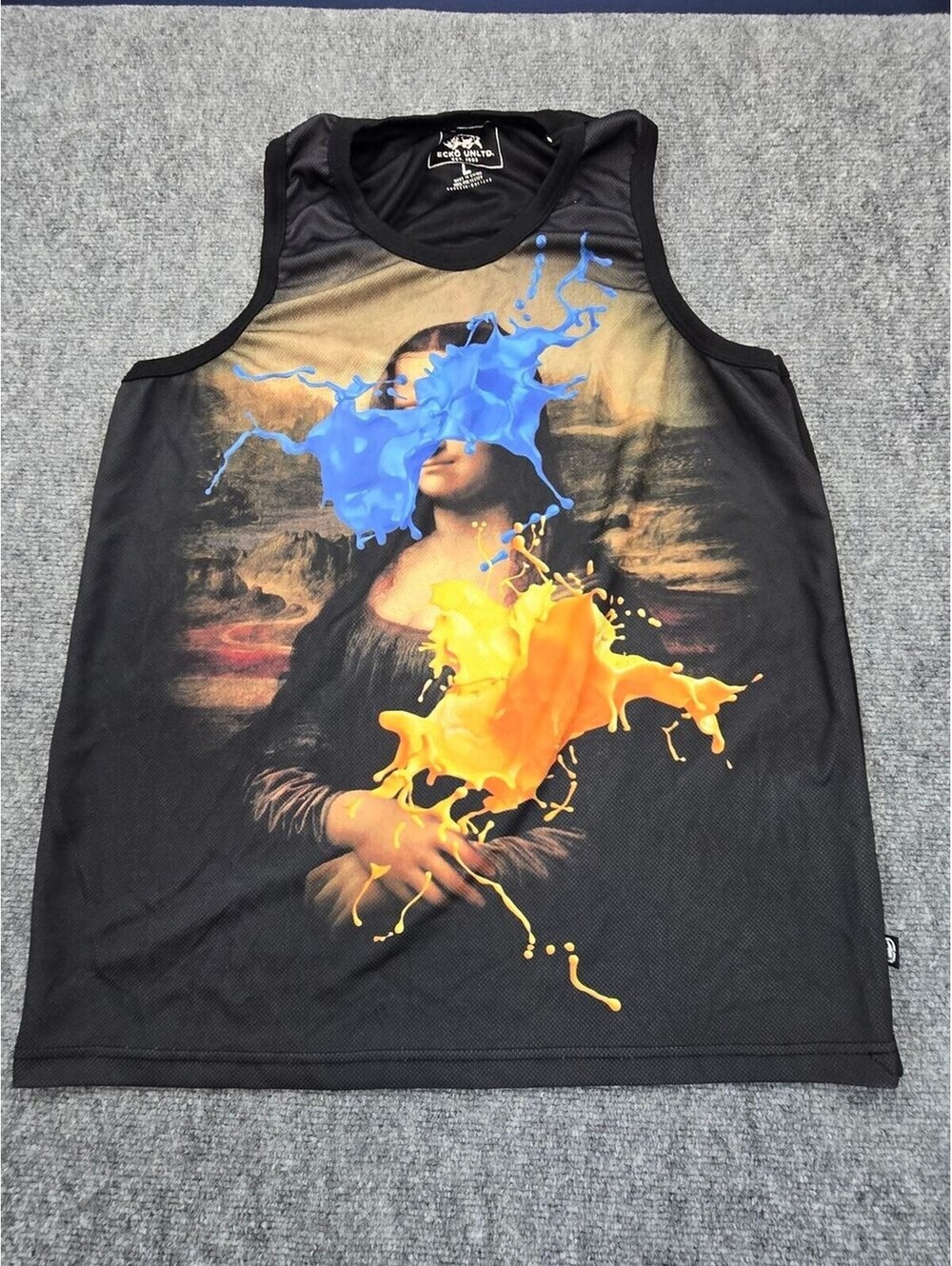 Ecko Unltd Mona Lisa Tank Top Mens L Black Paint Splash Graphic Streetwear
